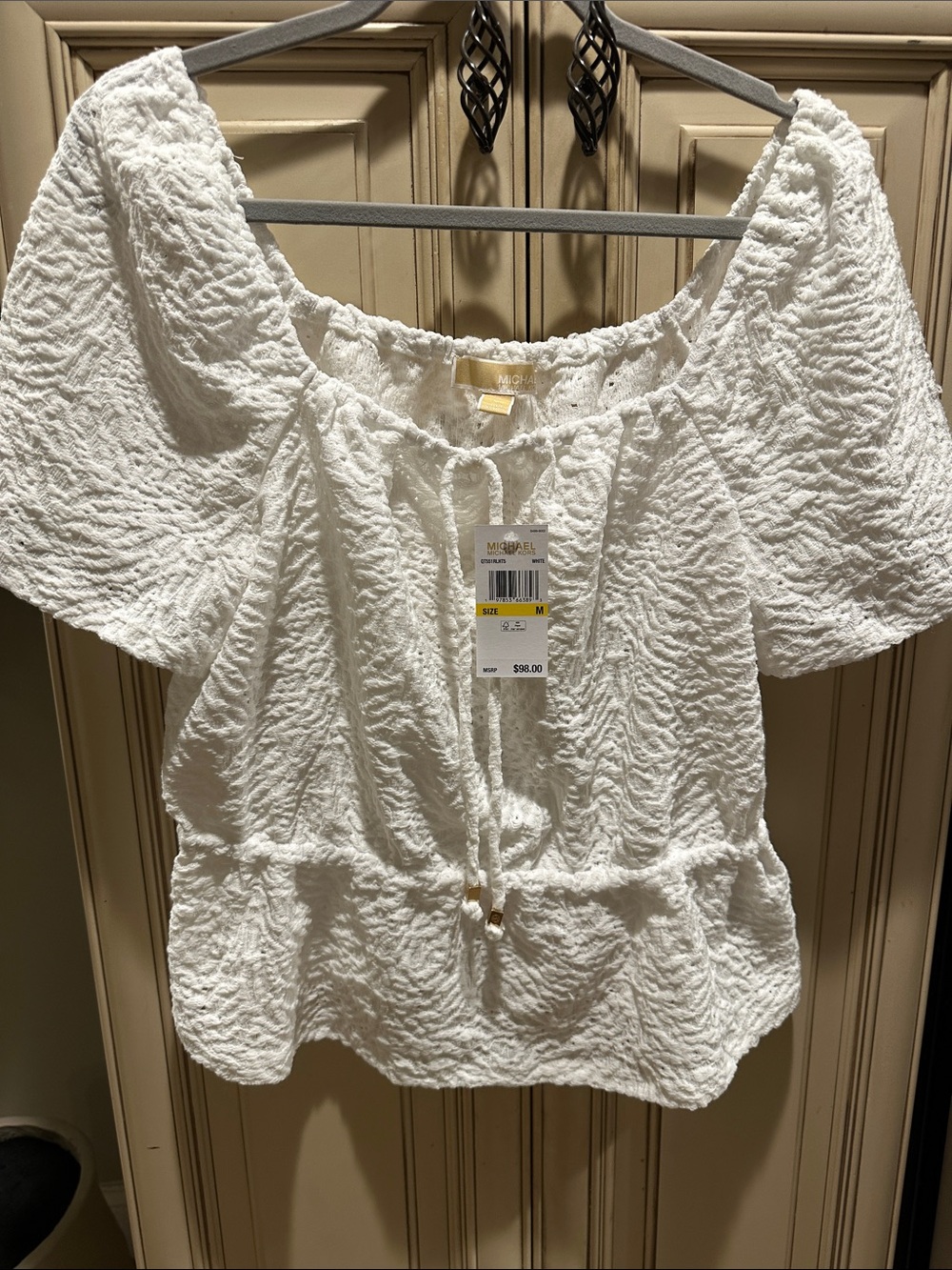 MICHAEL Michael Kors White Textured Puff-Sleeve Square Neck Top